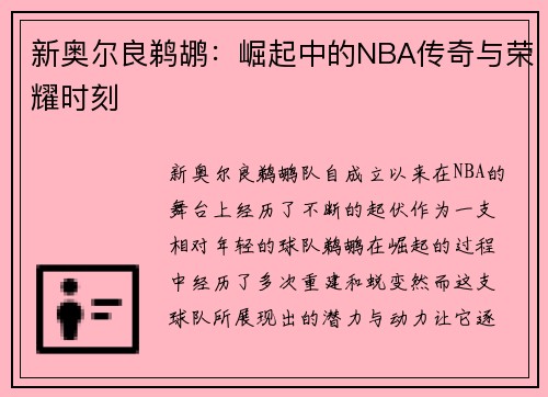 新奥尔良鹈鹕：崛起中的NBA传奇与荣耀时刻